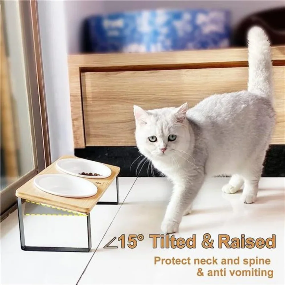 Ceramic Elevated Cat Bowls, Raised Puppy Dishes for Food and Water, Bamboo Stand
